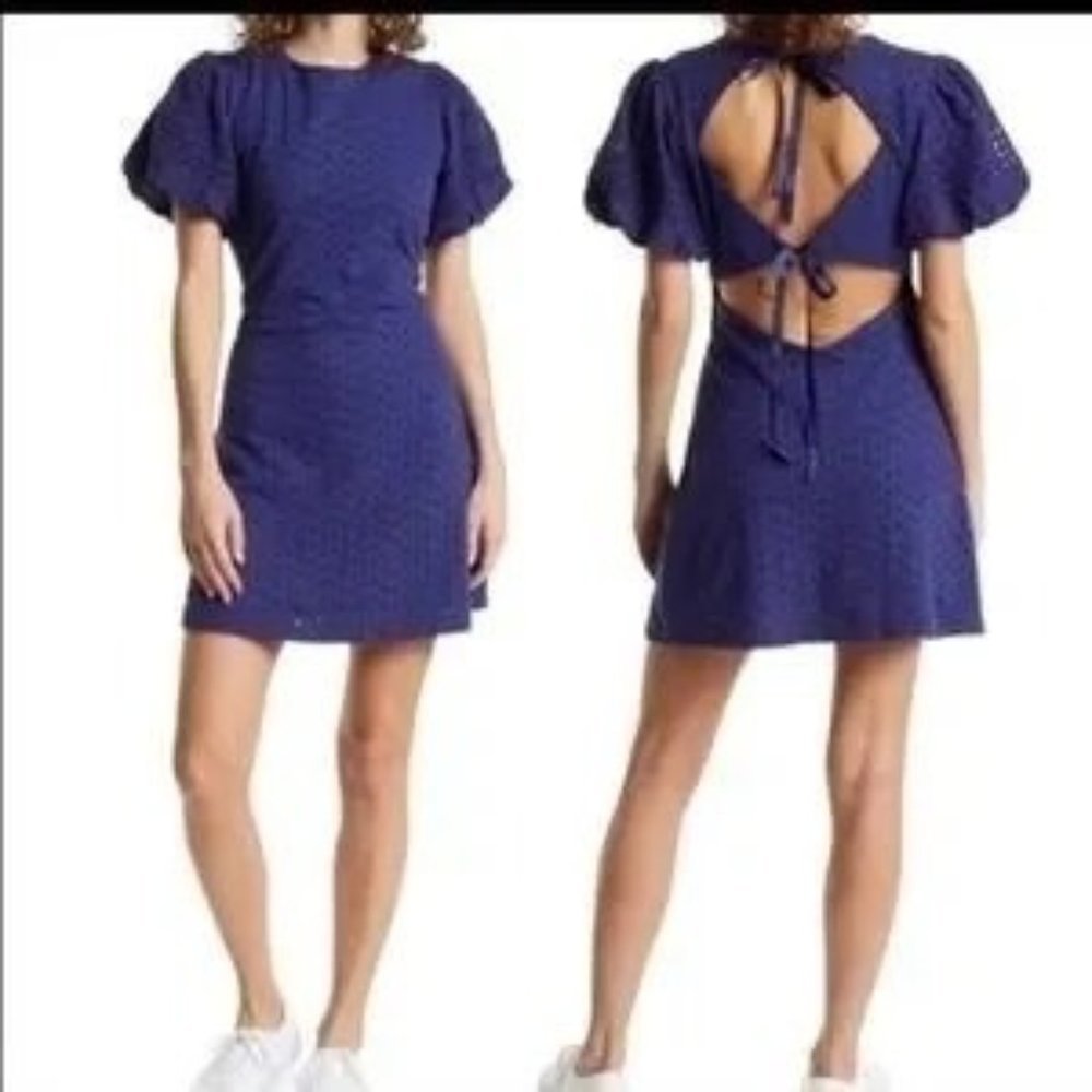Free People Apricot Rose Navy Eyelet Lace up Cut out Mini Dress NWOT Sz XS